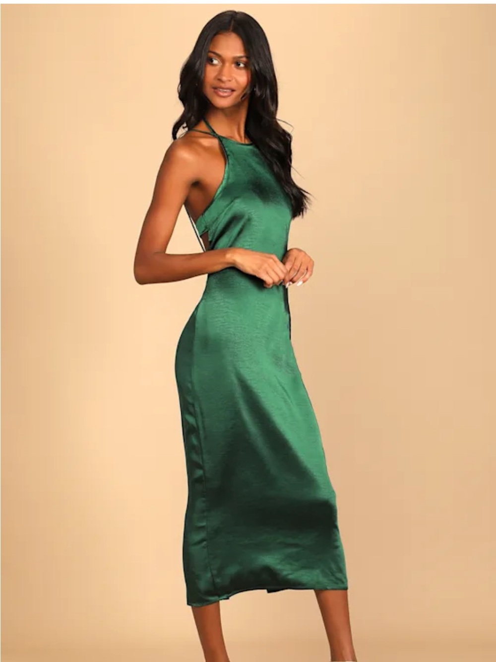 Lulu's Emerald Green Satin Halter Midi Dress